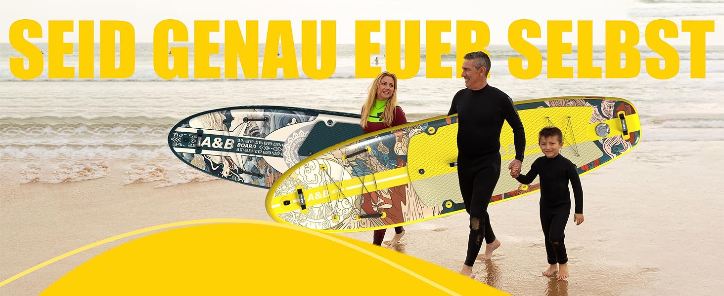 Надувний SUP-борд A&BBOARD з аксесуарами: насос, рюкзак, стабільний дизайн. Підходить для молоді та дорослих (жовтий + дракон)