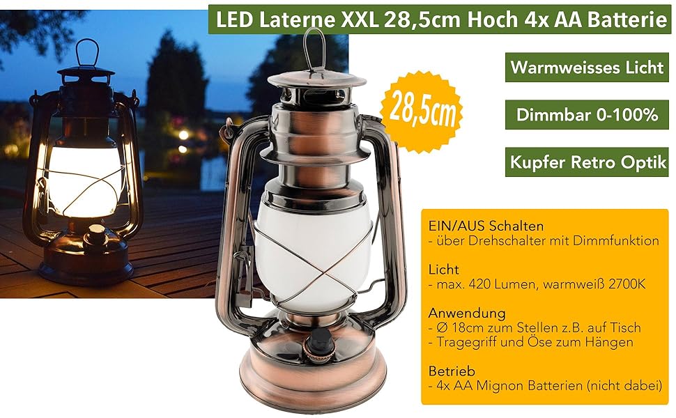 Ліхтар кемпінговий LED ChiliTec з регулюванням яскравості, вінтажний дизайн (мідь, 28 см)