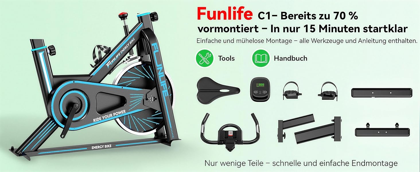 Велотренажер FunLife C1 з Bluetooth та App (FitShow, Kinomap), ремінний привід, плавний регулятор навантаження, регульоване сідло та кермо, до 120 кг, блакитний