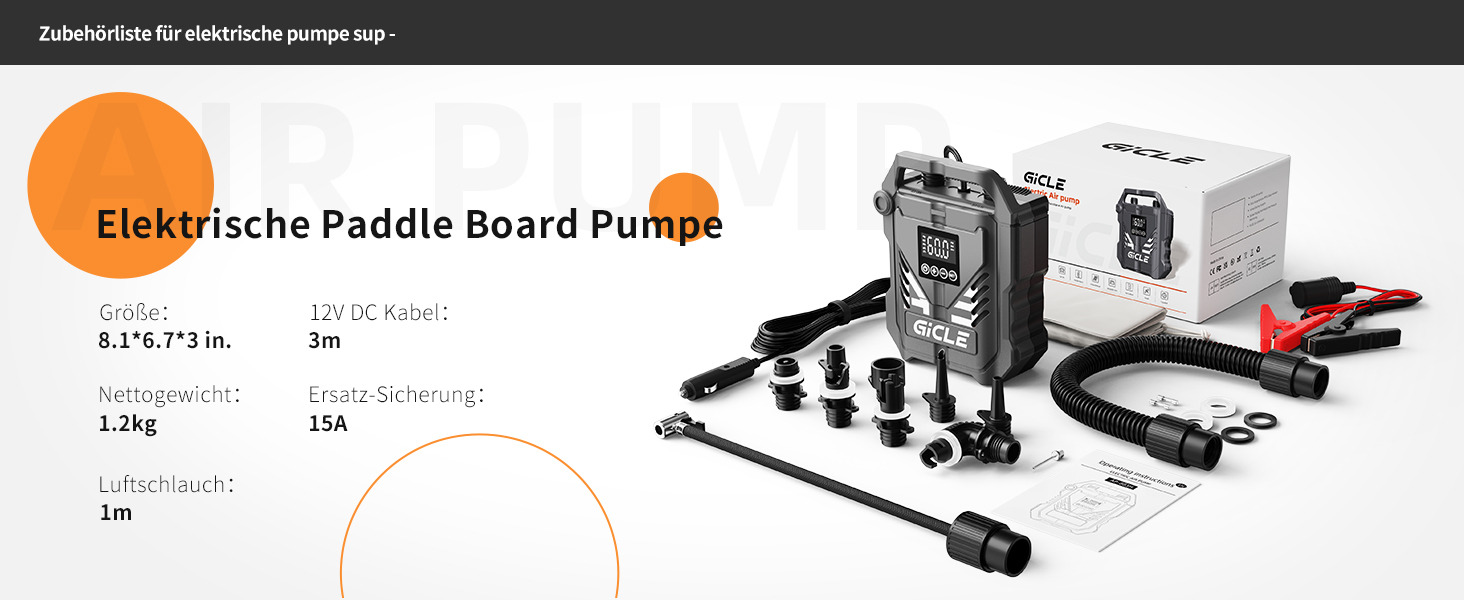 Електричний насос GICLE 60PSI для SUP, SUP-дошок, надувних човнів, велосипедів та наметів. Двоступеневий, швидка підкачка 12V