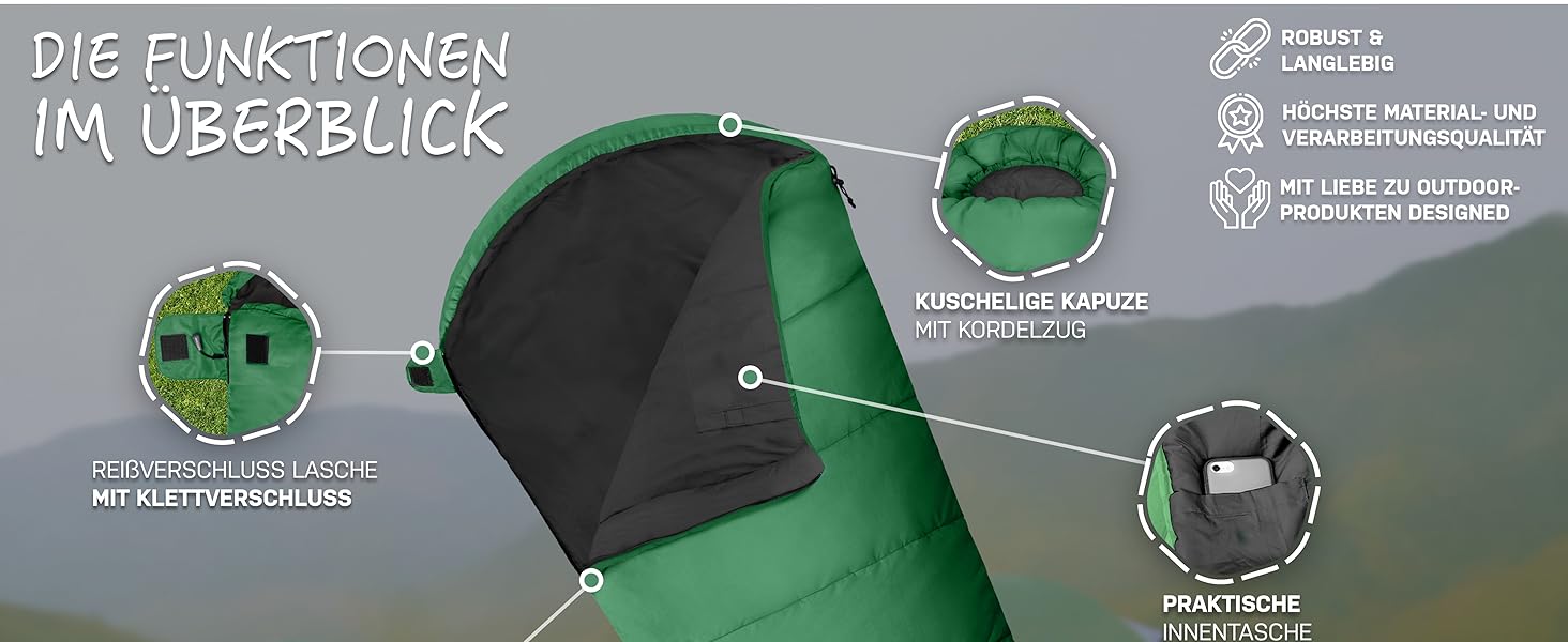 Спальний мішок NORDBÄR® 3 сезони та літо, ультралегкий [750г/1500г] | Кемпінговий мумієподібний спальник | Компактний [100GSM/300GMS] | Outdoor, туристичний, гірський спальник | Літній спальник, зелений, 750г