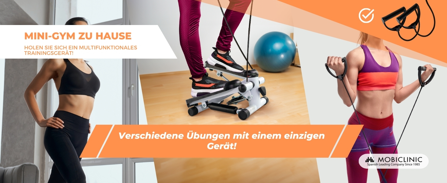 Mobiclinic® Fitness Stepper 2 в 1 Step Plus з тросами, багатофункціональний тренажер для дому, LCD дисплей, навантаження до 100 кг, регулювання опору