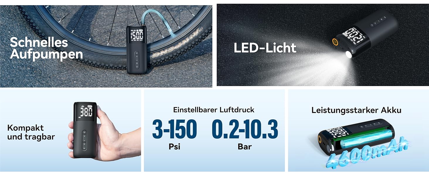 Електрична велосипедна помпа HT10, 150 PSI, акумуляторна, з цифровим манометром, Presta/Schrader, для шосе, MTB, E-bike, city bike