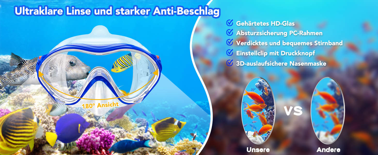 Набір для снорклінгу для дітей з ластами, маска з панорамою 180° та сухим снорклом, блакитний