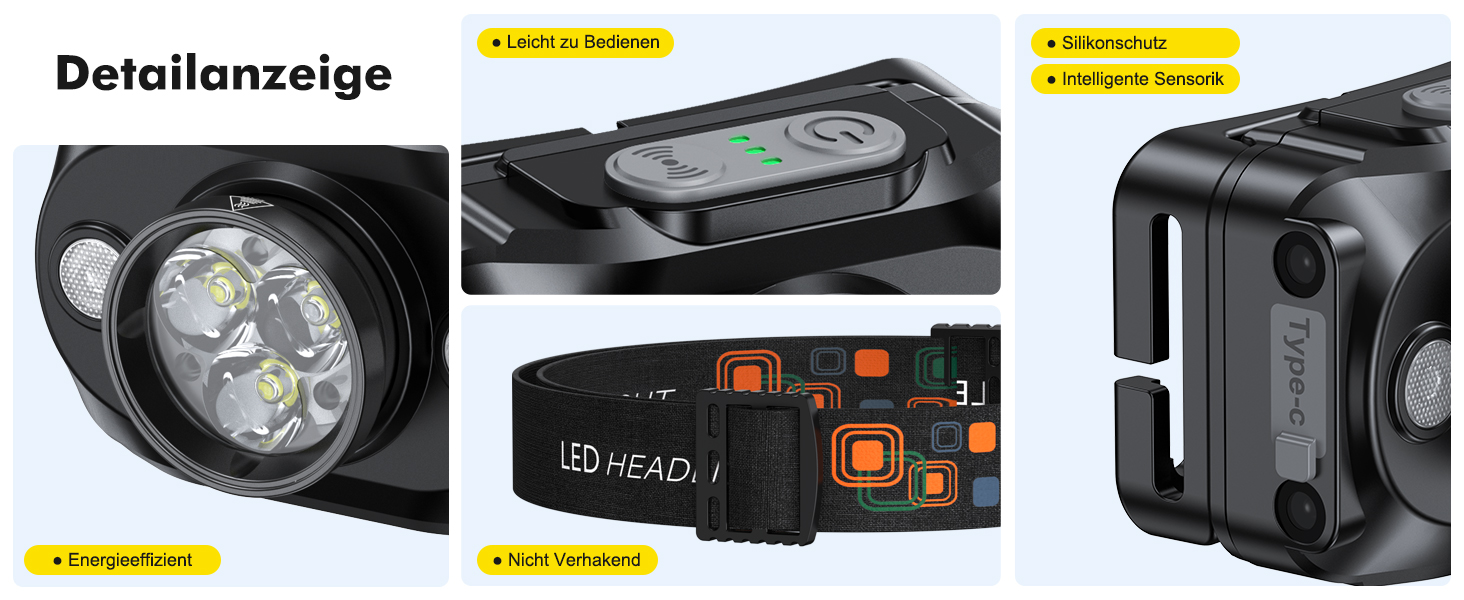 LED налобний ліхтар з акумулятором, [надзвичайно яскравий] з датчиком та червоним світлом, 6 режимів освітлення & IPX4 водонепроникність, 2000mAh, тривалий час роботи, для кемпінгу, риболовлі, походів, нічного бігу