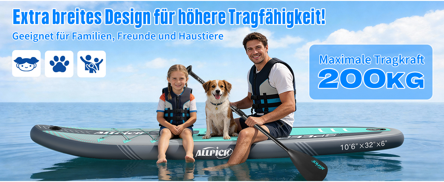 ALLPICK SUP Board Premium набір: Дошка для Stand Up Paddling надувна, з кріпленням для камери, повний комплект аксесуарів, регульоване весло, для початківців та просунутих, вантажопідйомність 200 кг, сіро-зелений