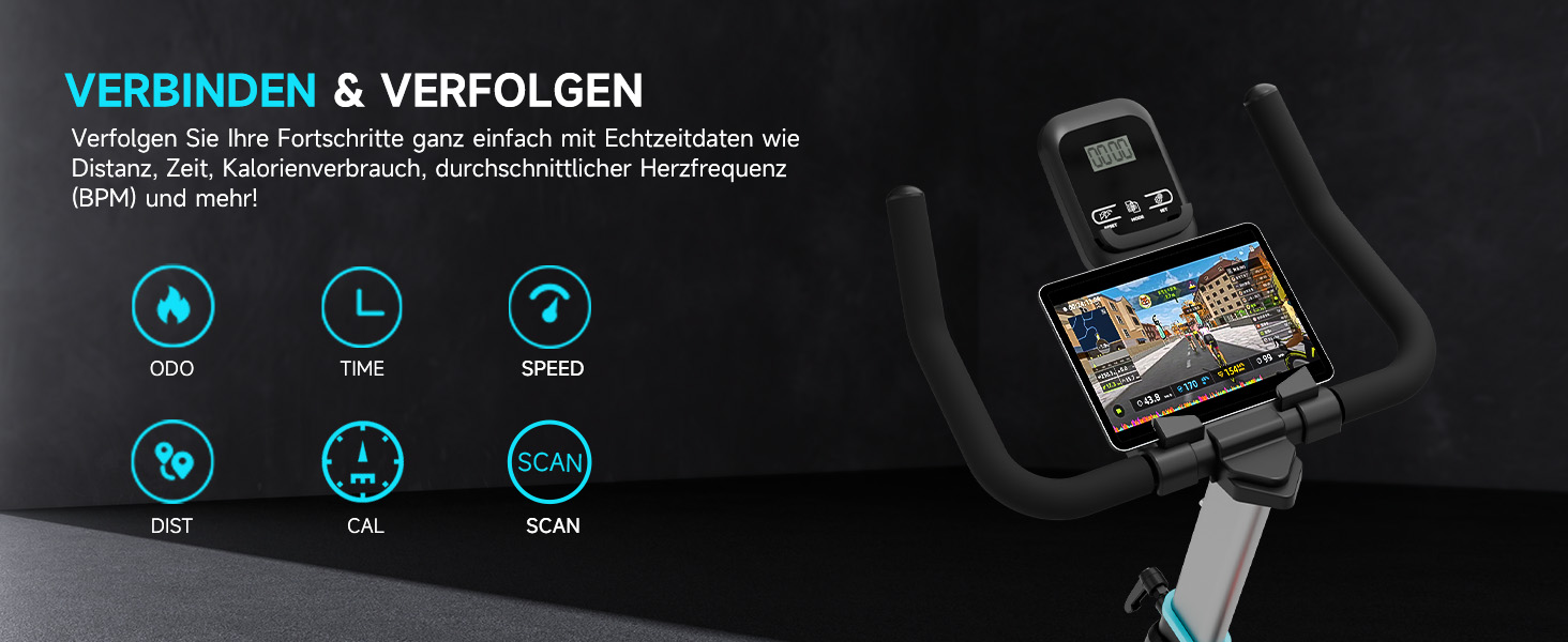 Велотренажер Wenoker з APP, магнітний опір, для дому, Indoor Bike, LCD-дисплей, вантажопідйомність 160 кг, турквіс