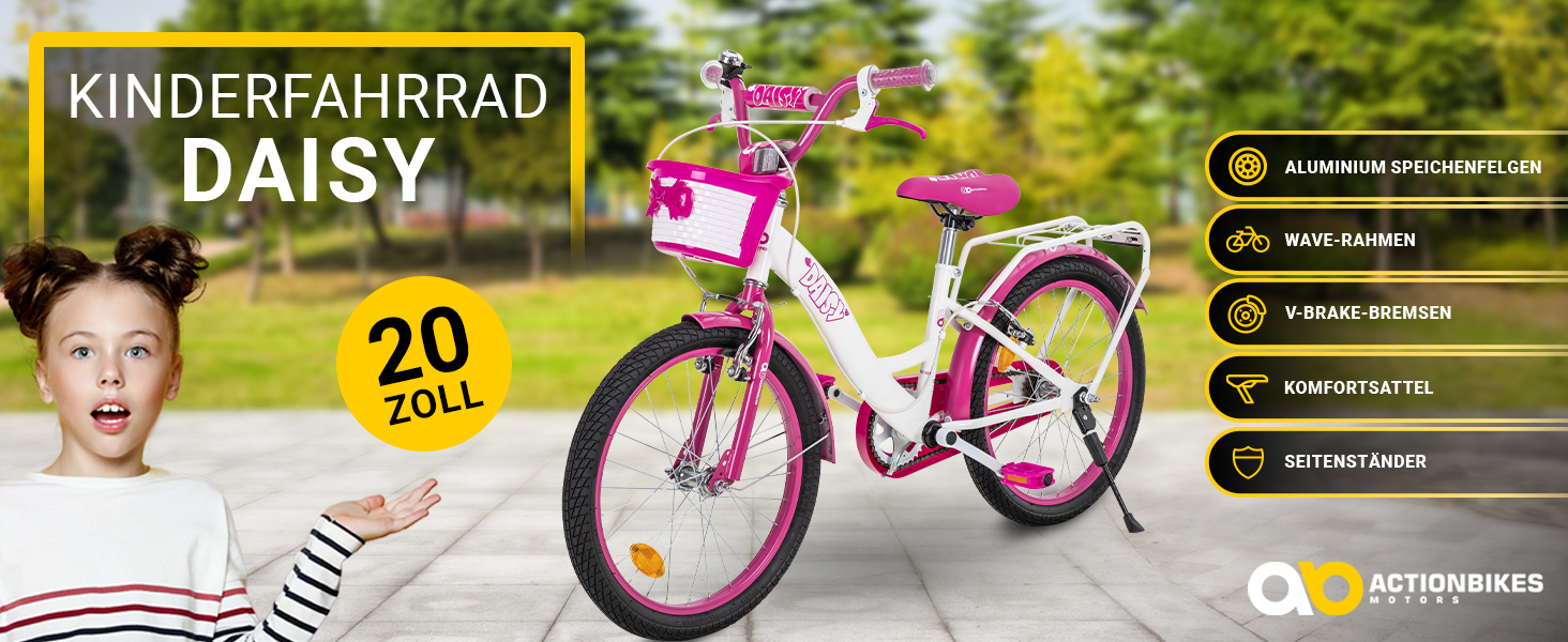 Дитяче велосипед Actionbikes Daisy | 12, 16, 20 дюймів - V-Brake гальма - захист від бруду спереду та ззаду - велосипед для дітей 2-9 років, для дівчаток та хлопчиків