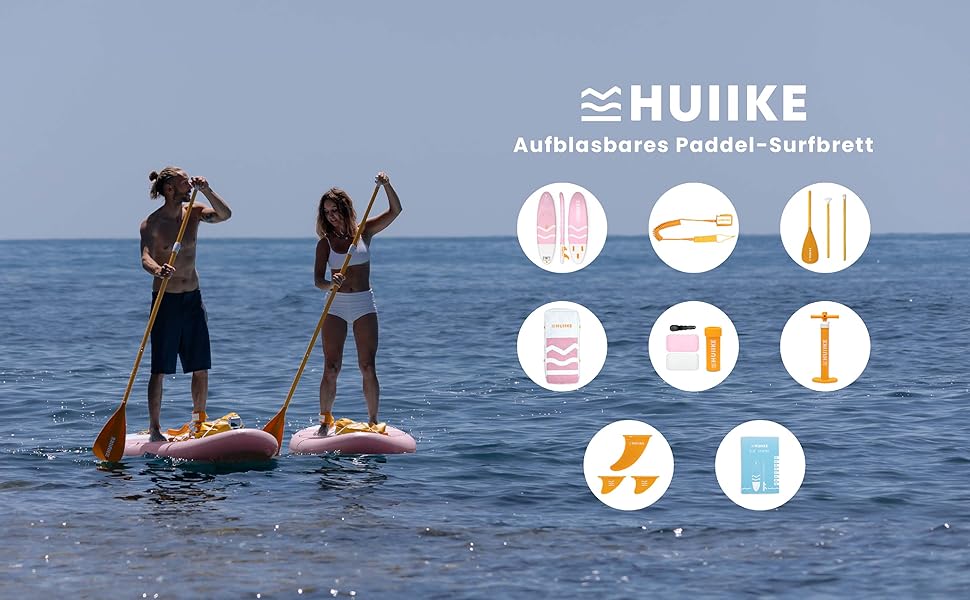 Надувний SUP-борд HUIIKE з аксесуарами: весло, фіни, насос. Стабільний та міцний SUP-борд для стабільного веслування. Розмір 305x84x15 см, вантажопідйомність до 130 кг. Колір рожевий, серія Enjoyer Essential