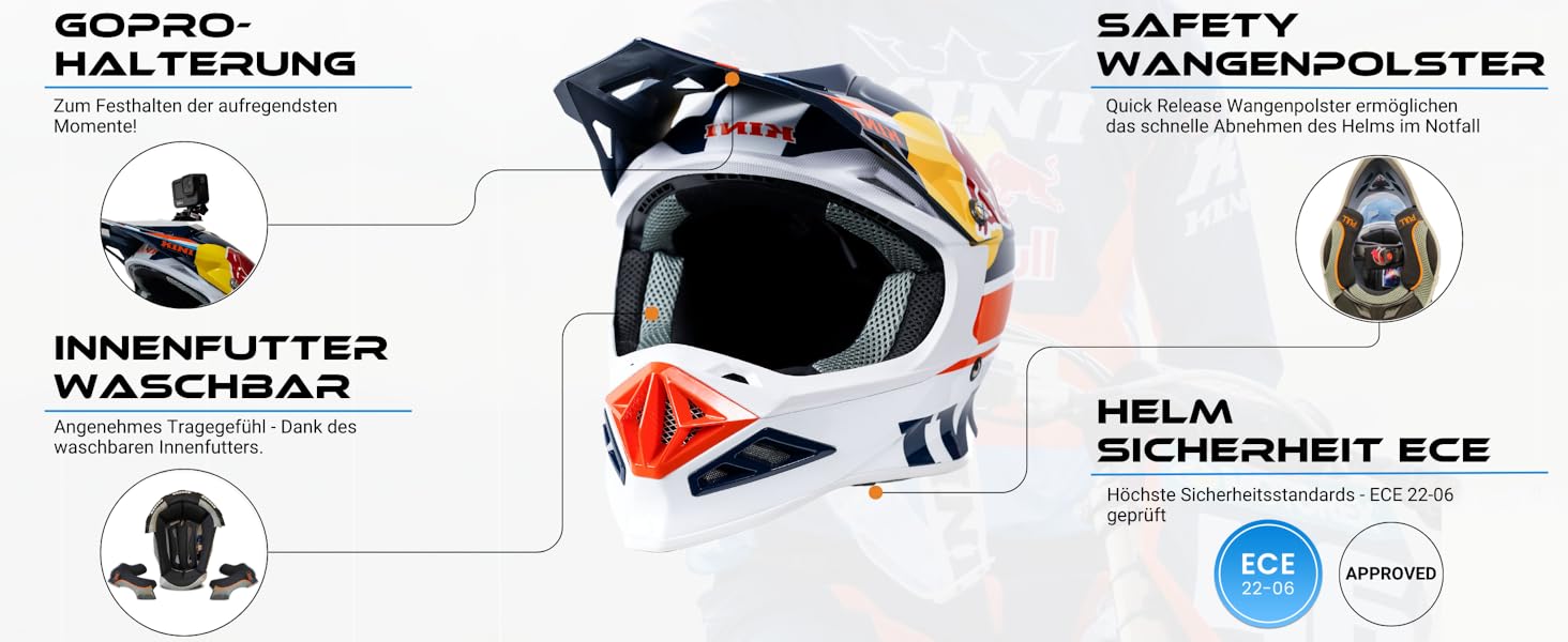 Чоловічий мотокросовий шолом Kini Red Bull, преміум, сертифікований для перегонів, крос, ендуро, даунхіл, підходить для окулярів