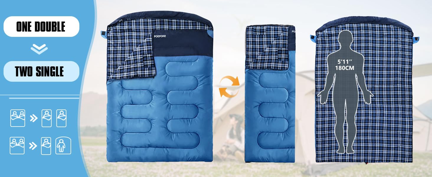 Спальний мішок для двох дорослих з флісу, зимовий, з подушками та сумкою для перенесення, 233*157 см (Блакитний)