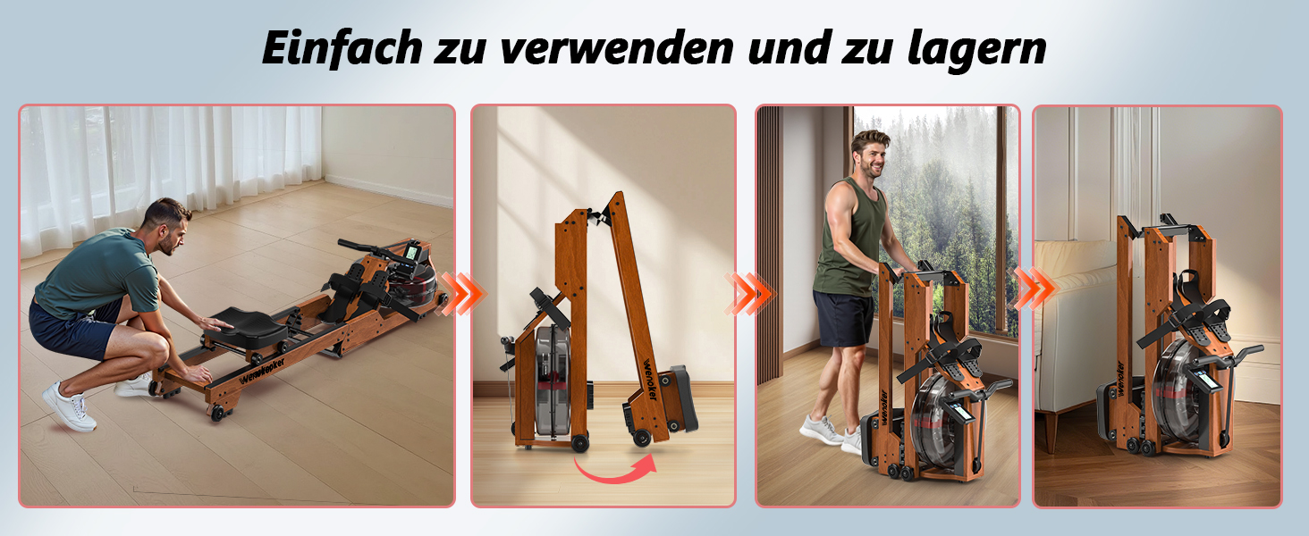 Гребний тренажер Wenoker для дому з дерева, складаний, з Bluetooth, комфортне сидіння, подвійні направляючі, до 150 кг, натуральний дуб