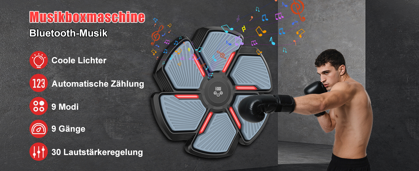 Музичний боксерський тренажер SWBSLL з рукавичками, LED-підсвіткою та Bluetooth, 9 швидкостей, 9 режимів, 30 рівнів гучності, для дорослих та дітей