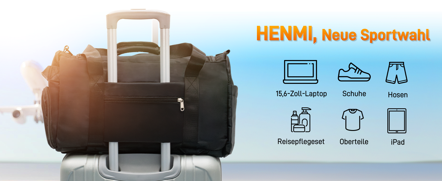 Спортивна сумка Henmi 43L з відділенням для взуття та мокрих речей, чорна. Ідеальна для подорожей, тренувань та фітнесу.