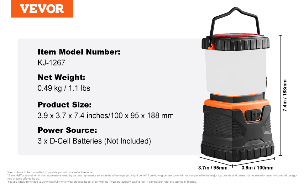 LED кемпінговий ліхтар VEVOR, 1000 лм, 360° освітлення, 4 режими, на батарейках, для туризму, риболовлі, надзвичайних ситуацій та ремонту