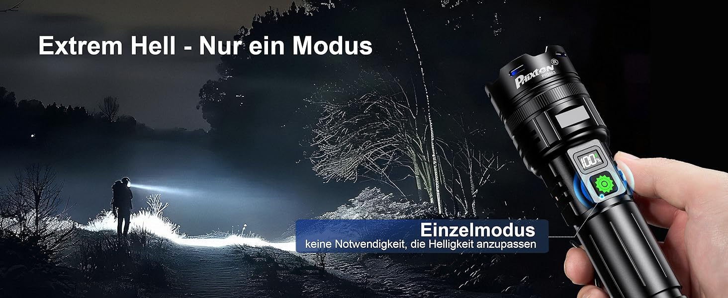 Тактичний ліхтарик Phixter з LED, 100000 люменів, 1 режим, Zoom, USB-C, для активного відпочинку та безпеки