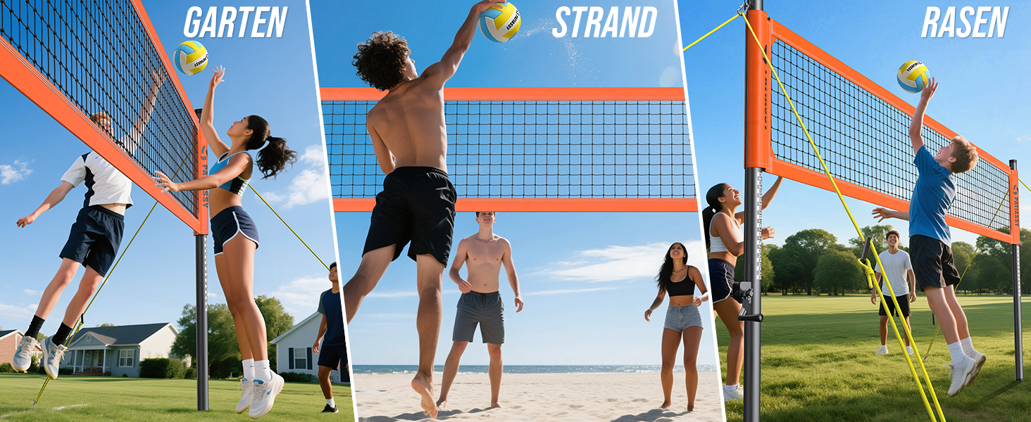 Професійна волейбольна сітка для саду з регульованою висотою, стійками з антикорозійним покриттям, лінією розмітки, м'ячем PU, насосом, натягувачами та сумкою для транспортування (9.75м*1м)