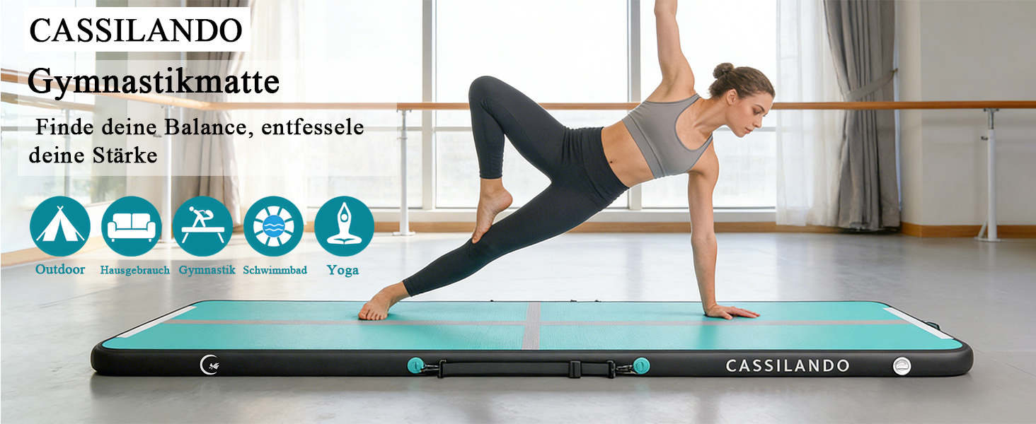 Airtrack CASSILANDO 300x100x10 см - Надувний мат для гімнастики, акробатики та йоги (М'ятний/Чорний)