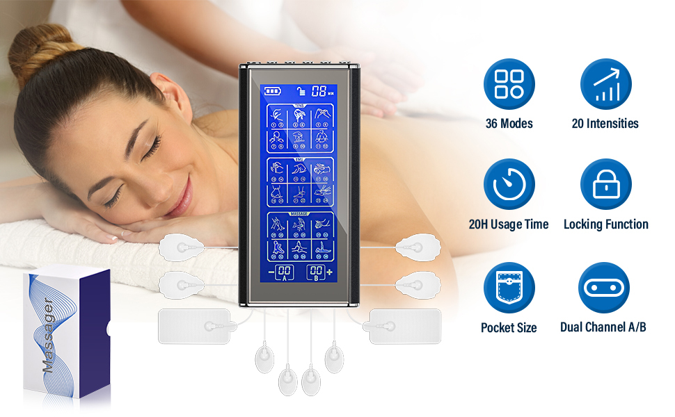 Пристрій TENS/EMS для зняття болю: 3-в-1 Reizstromgerät з 36 режимами, електрична стимуляція нервів, 2 канали, 10 електродів для рук, ніг, спини, плечей (чорний)