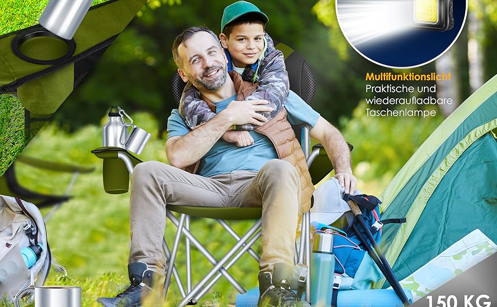 Крісло для кемпінгу KESSER® з підлокітниками, 150 кг, з підсвіткою, тримачем для напоїв, хакі/чорний
