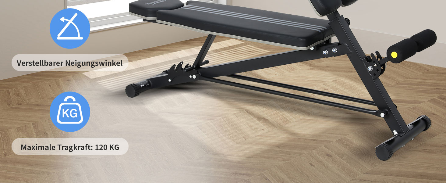 Тренажер для дому Hantelbank 5514: регульована розкладана лава з бегунком для ніг та подушкою для пречера