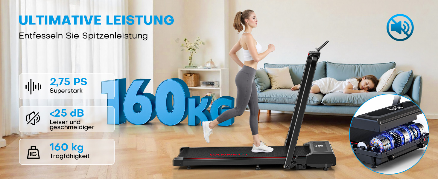 Vannect Walking Pad - складане бігове полотно для дому, 1-12 км/год, нахил 9%, LCD-дисплей, керування з пульта, додатком та ручкою, до 150 кг, чорно-синій