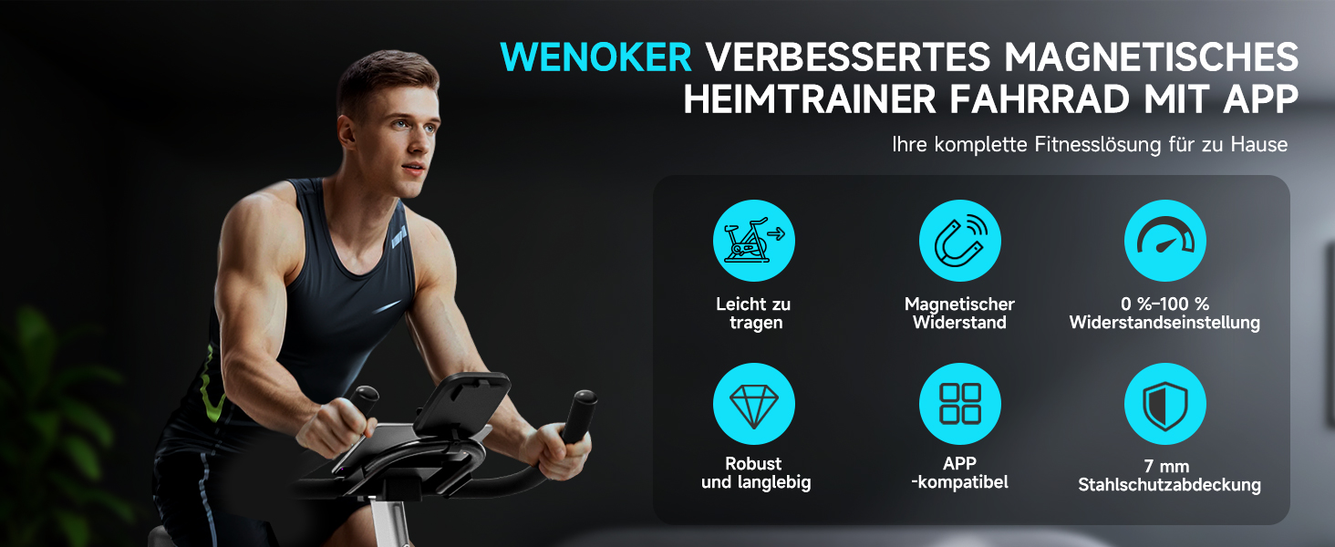 Велотренажер Wenoker з APP, магнітний опір, для дому, Indoor Bike, LCD-дисплей, вантажопідйомність 160 кг, турквіс
