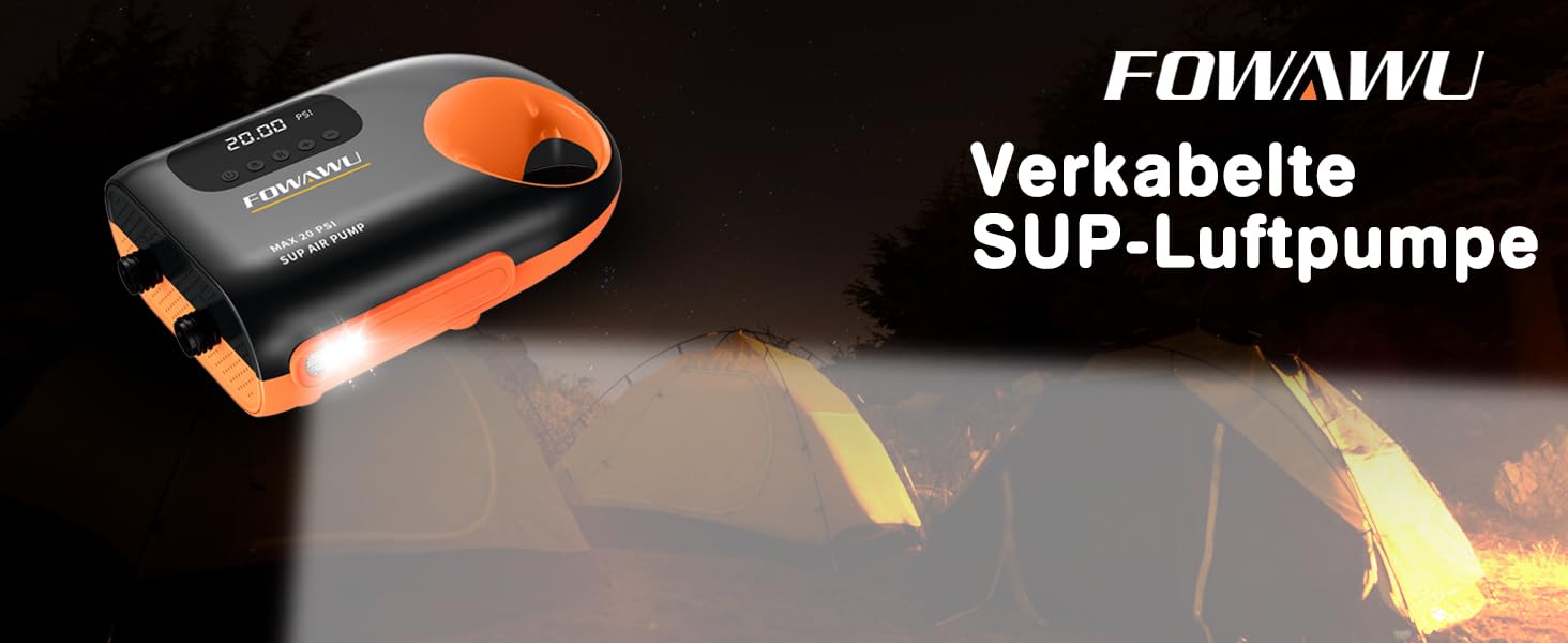 Насос FOWAWU 20PSI для SUP, човнів та каяків: 12V, 2-ступенева інфляція, автовимкнення, надування та здування