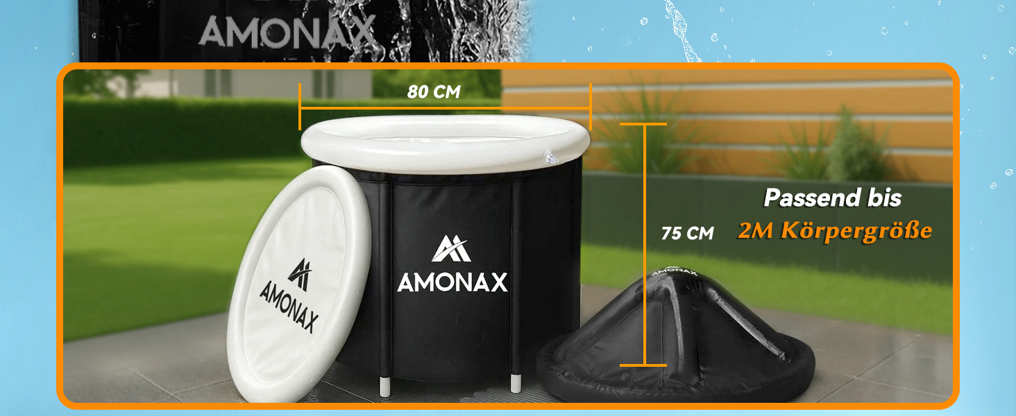 Тонна для криотерапії Amonax Eisbaden: портативна ванна для холодової терапії з термометром, кришка та покриття, чорний колір