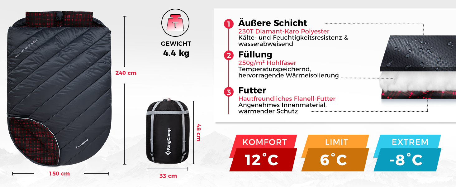 Сплячий мішок KingCamp для 2 осіб з фланелі, зимовий, 3-4 сезони, з подушками, для кемпінгу та відпочинку на природі (сірий)