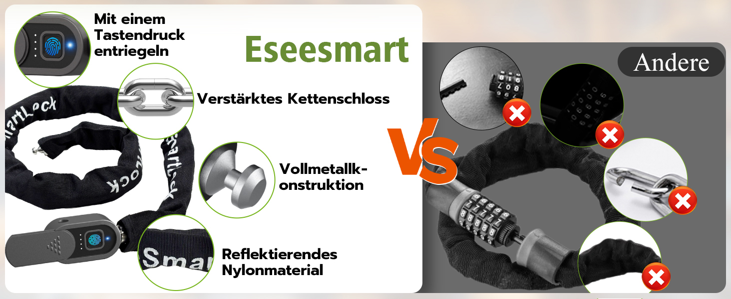 Замок для велосипеда Eseesmart з відбитки пальця та ключами, ланцюговий протикрадіжний замок (8мм x 1000мм), водонепроникний для електросамокатів, e-bike та мотоциклів