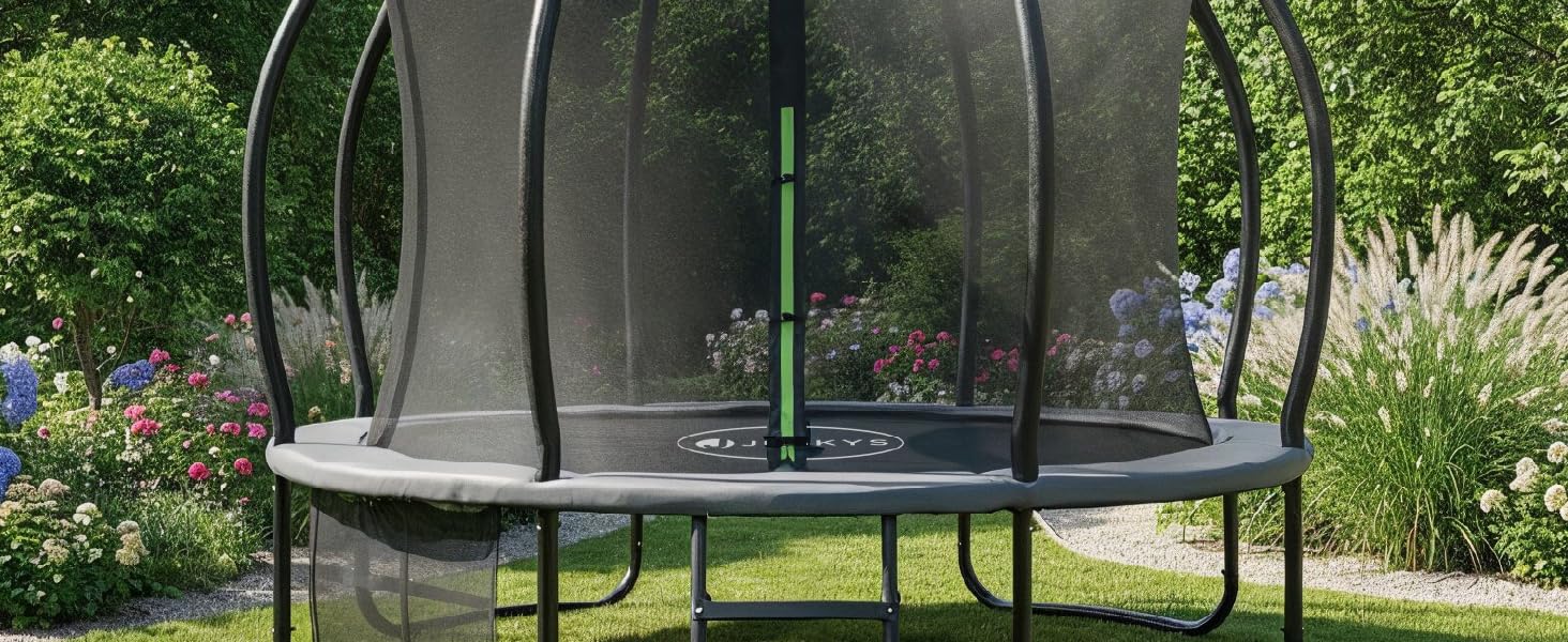Трамплін Juskys SkyBounce Ø 228/305/366 см для саду з сіткою безпеки та драбиною
