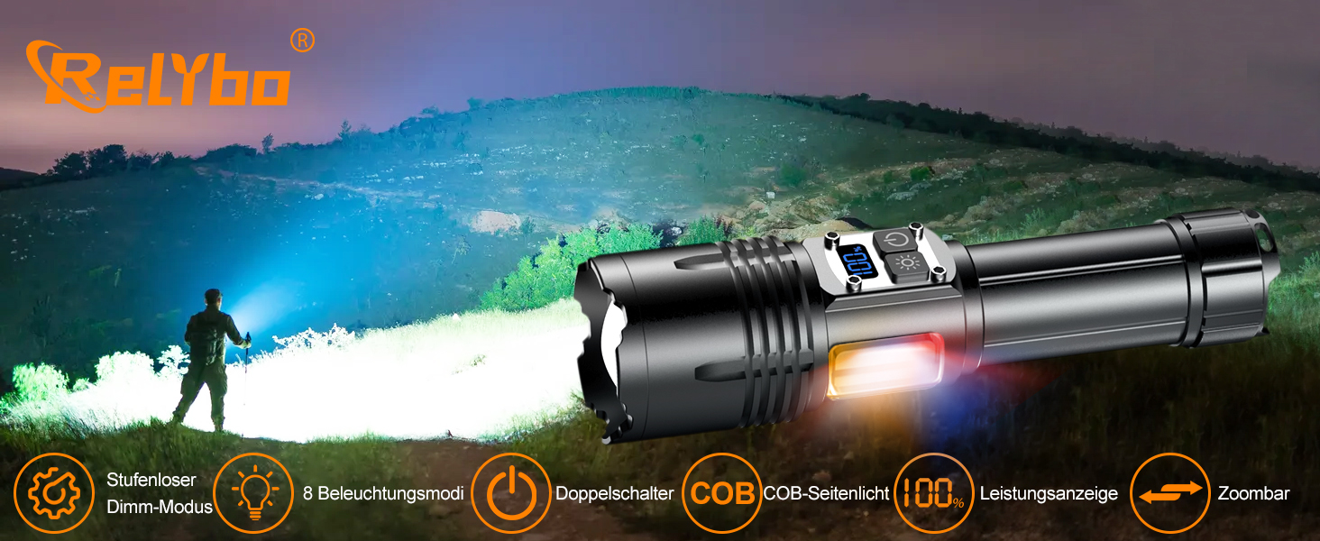 Тактична ліхтарик Relybo: перезарядна, 1000000 люмен, 9 режимів, COB бічне світло, USB-C, для кемпінгу та надзвичайних ситуацій