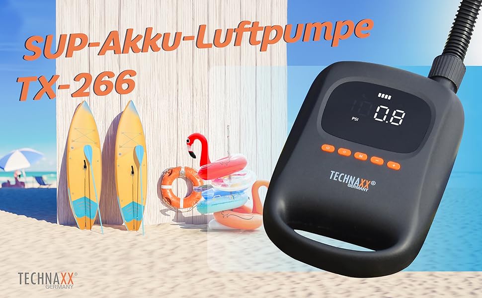 Технакс SUP-насос акумуляторний з Powerbank TX-266 7500 mAh, автоматичний вимкнення, 2 LED, USB-C, 12V, для надувних водних видів спорту