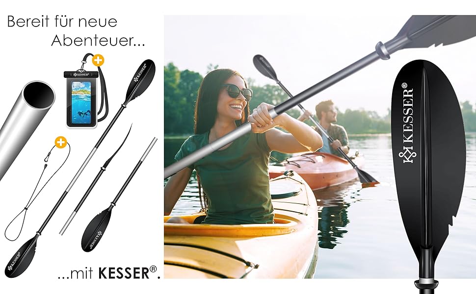 Весло KESSER® з подвійним лезом (4 частини) для каяка, SUP, станд-ап паділбордингу. Алюмінієве весло 228 см, ідеально для човна, веслування. В комплекті: страховий шнур, чохол для телефону, чорний човен.