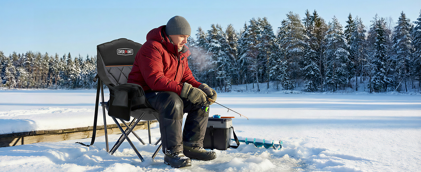 Овермонт: Обігрівальний XL стілець для кемпінгу, дорослий – складаний стілець, ідеальний для зимових походів, кемпінгу та риболовлі (Чорно-сірий)