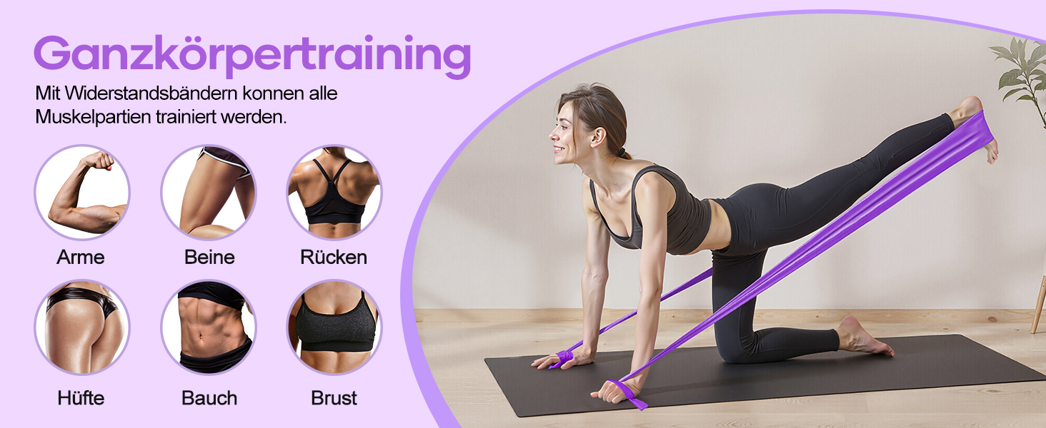 Набір фітнес-гумок Fokky Fitnessbänder 4 шт., 2 м, 4 рівні опору, для м'язів, йоги, пілатесу (жовтий, зелений, червоний, синій, фіолетовий)