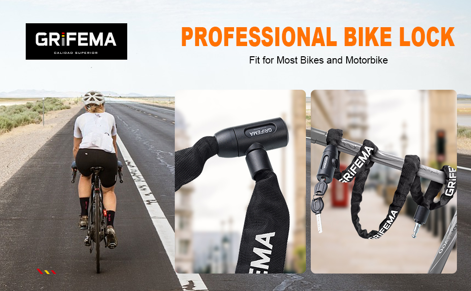 Замок для велосипеда GRIFEMA, висока безпека, ланцюговий, 7 мм x 1200 мм, чорний, з замком-кнопкою