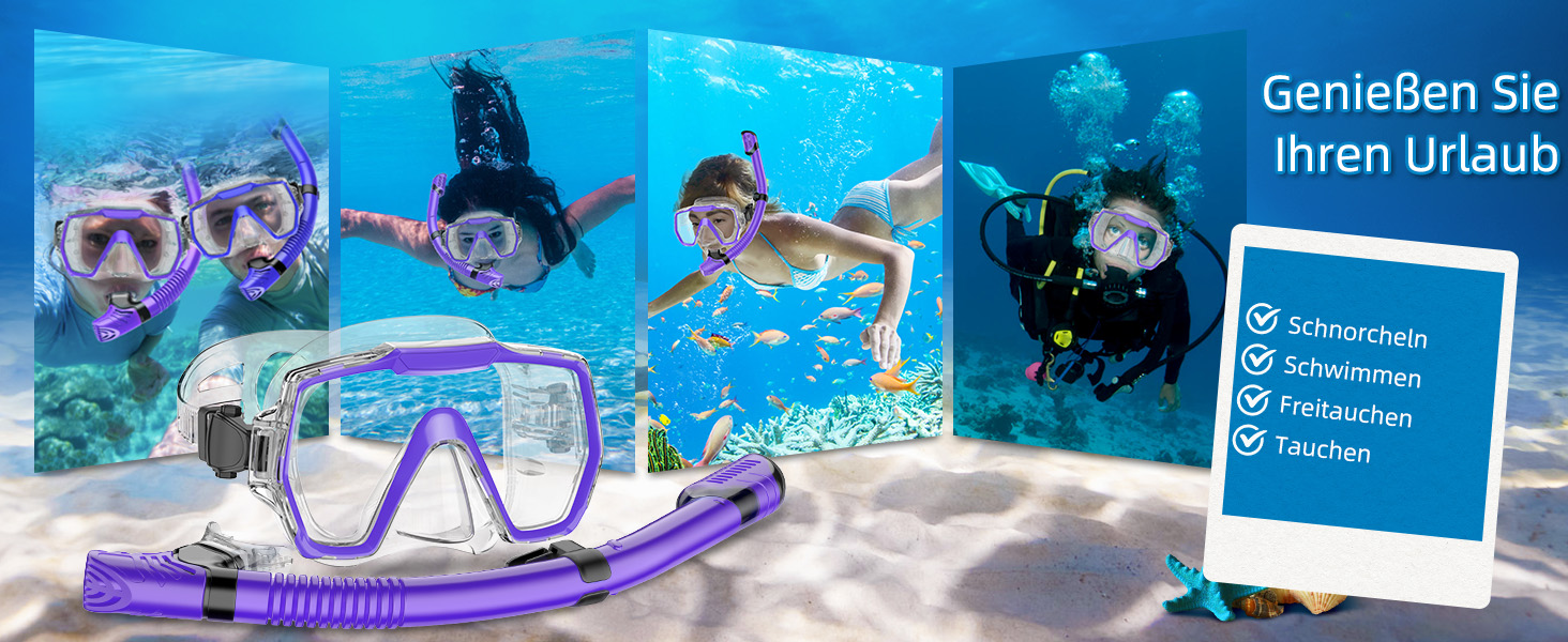 Набір для снорклінгу для дорослих: маска, трубка з антизахистом від запотівання, фіолетовий