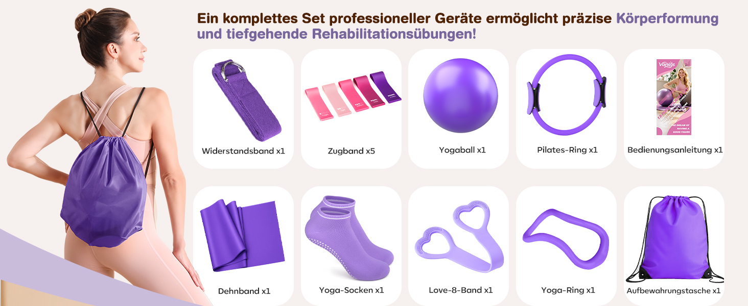 Набір для пілатесу 13 шт: кільце 13', фітбол 10' та еластичні стрічки для жінок. Комплект обладнання для пілатесу для початківців, фітнес-стрічки та аксесуари. Violett
