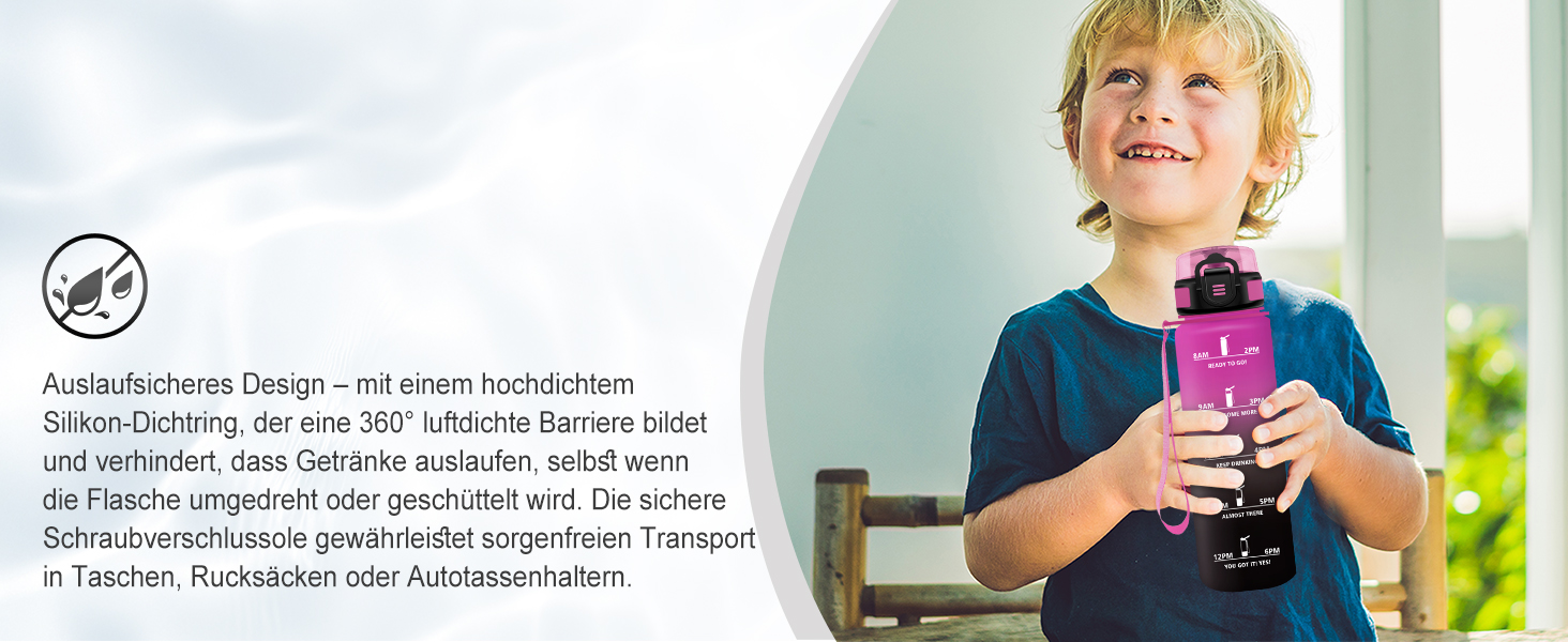 Спортивна пляшка 1л з позначенням часу, фільтром, для води з газом, без витоку. Підходить для велосипеда, бігу, дорослих. Колір: лавандово-рожевий