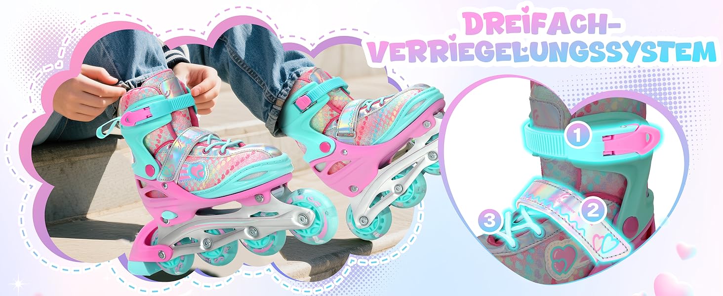 Дитячі ролики Sportneer з регульованим розміром 30-41, комплект з 6 захисними елементами, LED ролики для дівчаток та жінок, рожевий колір, розмір L (EU 38-41)