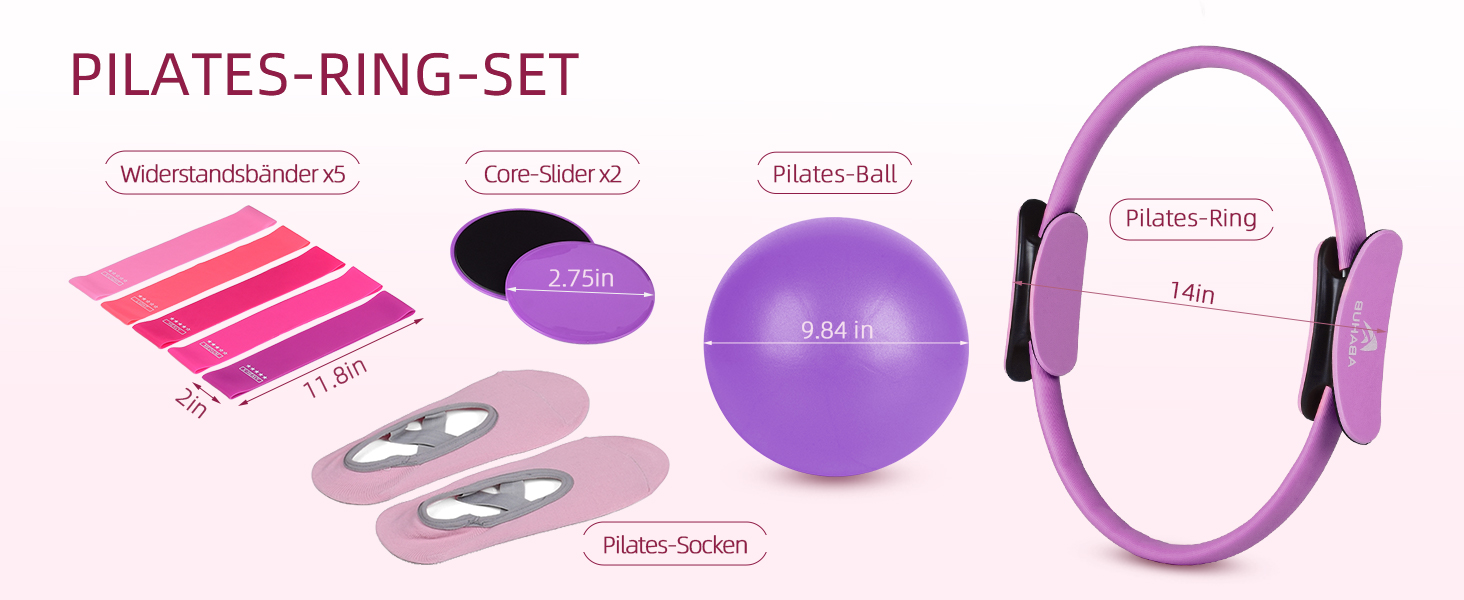 Набір для пілатесу Abahub: кільце 35см, м'яч 25см, 5 еластичних стрічок, шкарпетки для йоги, ковзаючі диски. Для жінок, домашні тренування, сила, гнучкість, стабільність та підтяжка тіла (фіолетовий)