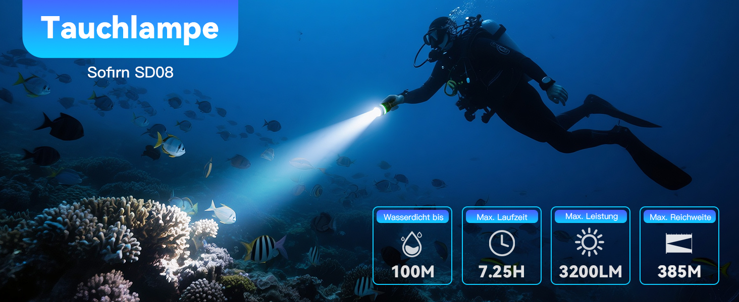 Sofirn SD08 водонепроникний ліхтар-підводний світильник LED, 3200 люмен, з LED-індикатором позиції, 4 режими, IPX8, для дайвінгу, підводної фотографії та повсякденного використання