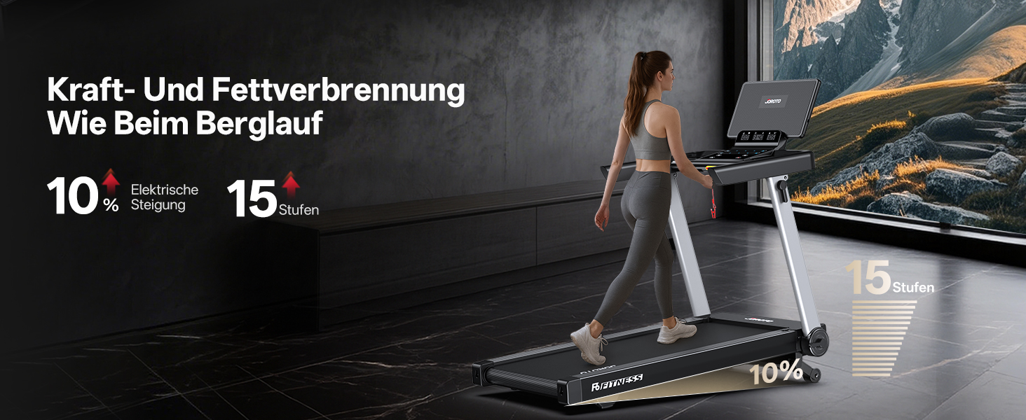Біговий тренажер JOROTO для дому, складаний, 2.5PS, нахил 1-10%, LED дисплей, 15 програм, 1-16 км/год, велика площа бігової доріжки 130×48 см, Bluetooth, Kinomap, вантажопідйомність 150 кг, чорний