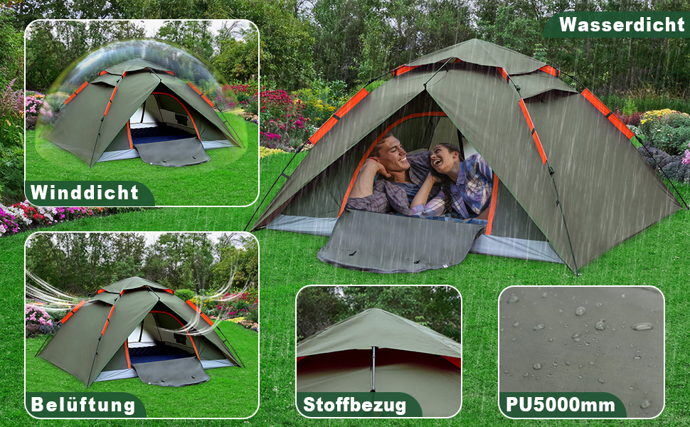 Намет для кемпінгу з тамбуром, намет для 2-4 особи, водонепроникний PU5000, для відпочинку, подорожей, трекінгу, саду, куполоподібний, ультралегкий, рюкзак, 2025, армійний зелений (Pop Up)