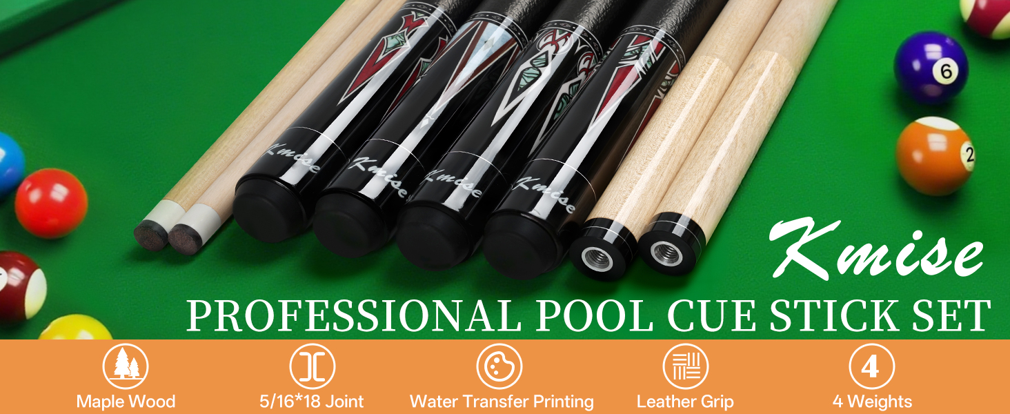 Більярдний кий Kmise Queue-Set 18-21oz з канадського акації, покращений хват, 4 кольори, з крейдою та рукавичкою