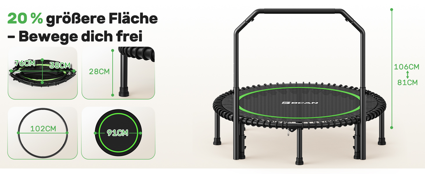 Міні-батут BCAN для дорослих, 102/122 см, до 204/250 кг, з бунжеєвими тросами, регульованою ручкою, стабільний, тихий, для дому та вулиці, тренування всього тіла, релаксація