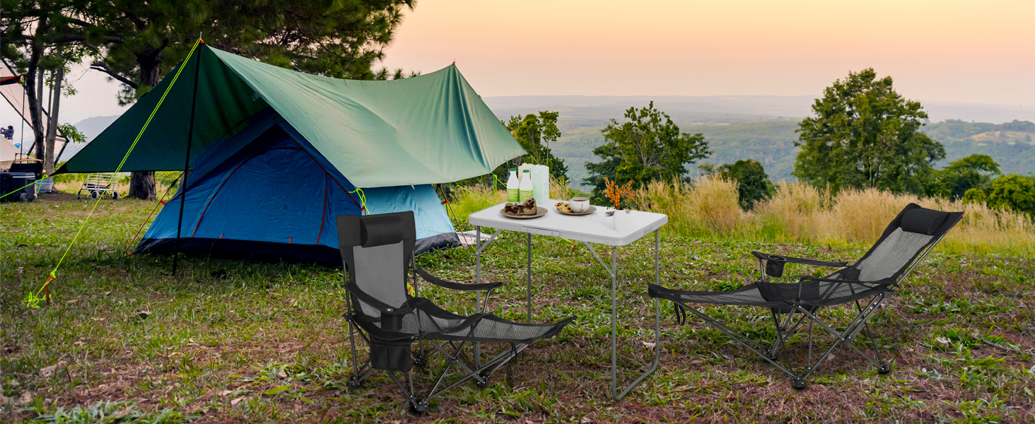 Складний стілець для кемпінгу eSituro, риболовний стілець, стілець для відпочинку на природі з підставкою для ніг та тримачем для напоїв, пляжний стілець з регульованою спинкою (Чорний)