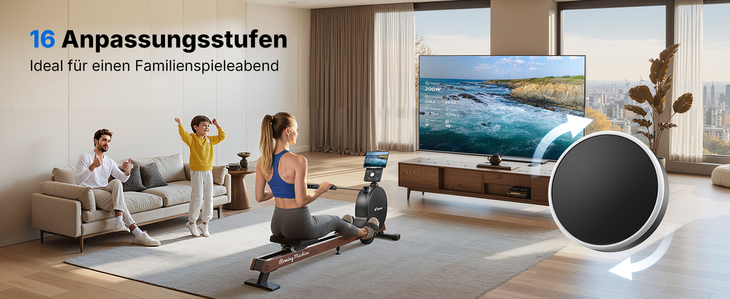 Гребний тренажер MERACH для дому з магнітним опором 60 кг, автоматичною регулюванням, LED-дисплеєм та подвійними дерев'яними рейками (R21)